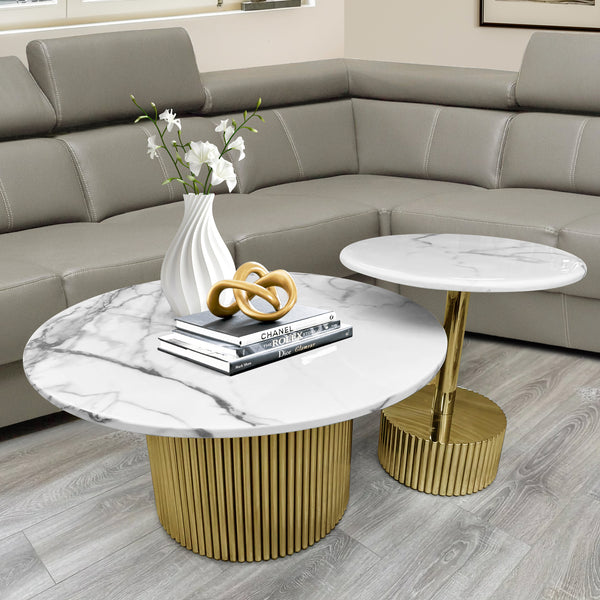 Modern Round Coffee Table Set 35" and 20" Centerpiece, Manufactured Marble Surface, Metal Gold Frame