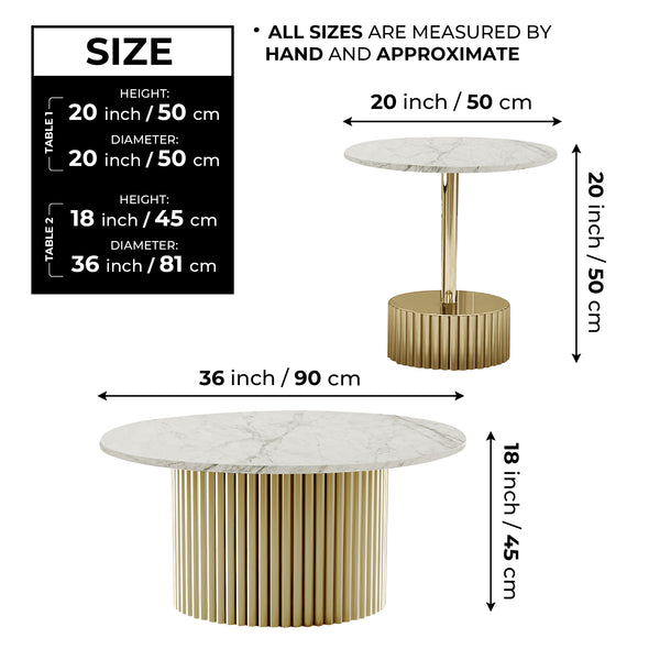 Modern Round Coffee Table Set 35" and 20" Centerpiece, Manufactured Marble Surface, Metal Gold Frame