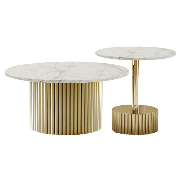 Modern Round Coffee Table Set 35" and 20" Centerpiece, Manufactured Marble Surface, Metal Gold Frame