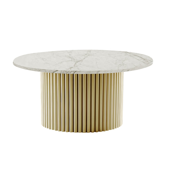 Modern Round Coffee Table Set 35" and 20" Centerpiece, Manufactured Marble Surface, Metal Gold Frame