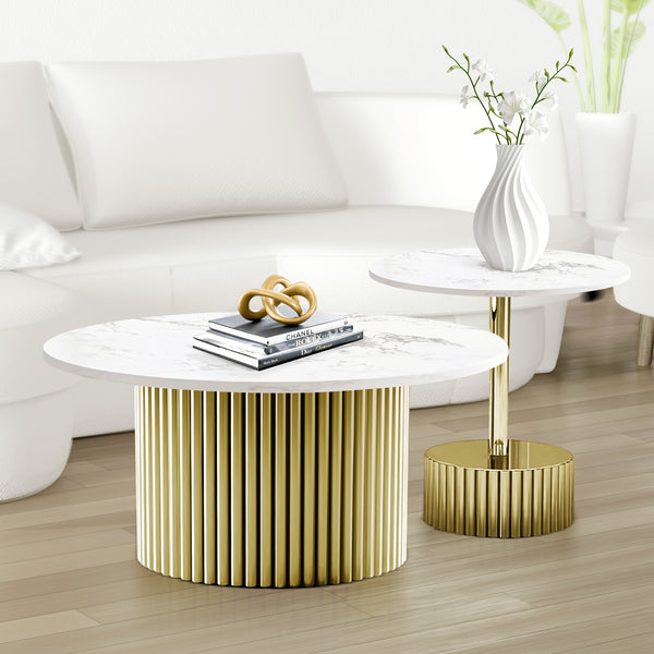 Modern Round Coffee Table Set 35" and 20" Centerpiece, Manufactured Marble Surface, Metal Gold Frame