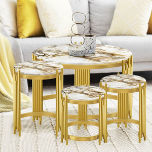 Round Coffee Table Set of 4 Centerpiece, 35" 18" 16" 14" Marble Top, Metal Gold Frame, Home Decor by Sona Casa