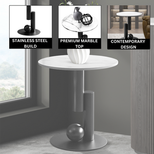Modern Round Corner Table, 16" Side Table, White Marble Top, Metal Matte Black Frame, Centerpiece by Sona Casa