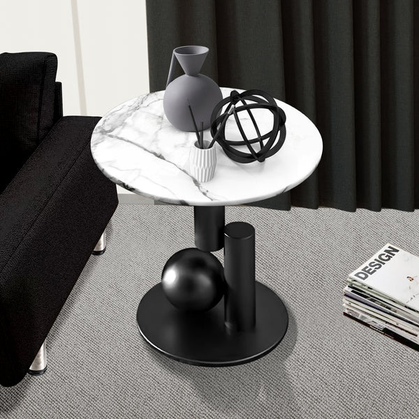 Modern Round Corner Table, 16" Side Table, White Faux Marble Top, Metal Matte Black Frame, Centerpiece