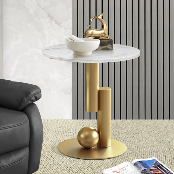 Modern Round Corner Table, 16" Manufactured Marble Top, Gold Metal Frame, Side, Centerpiece, Home Accent