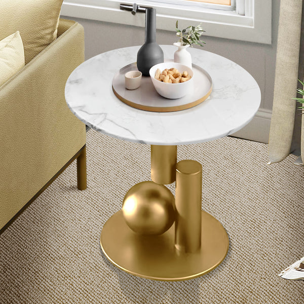 Modern Round Corner Table, 16" Manufactured Marble Top, Gold Metal Frame, Side, Centerpiece, Home Accent