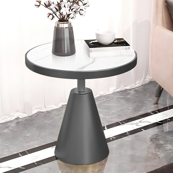 Modern Round Corner End Table, 16" Side, Centerpiece, Accent, White Manufactured Marble and Gold Metal Frame