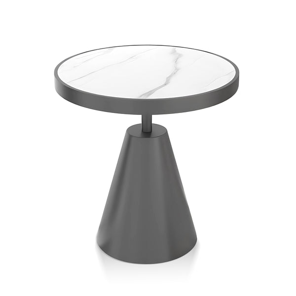 Modern Round Corner End Table, 16" Side, Centerpiece, Accent, White Manufactured Marble and Gold Metal Frame