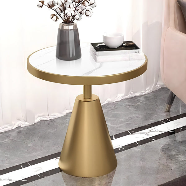 Modern Round Corner End Table, 16" Home Decor Accent,  White Faux Marble, Gold Metal Base