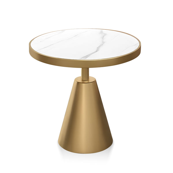 Modern Round Corner End Table, 16" Home Decor Accent,  White Faux Marble, Gold Metal Base