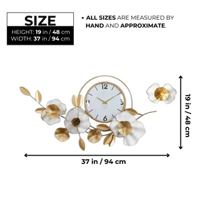 Gold and White Metal Wall Clock, Extra Large 37" Floral Designer Silent Clock, Oversized Home Office Décor by Sona Casa