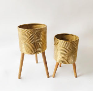 Rustic Gold Foil Metal Plant Pots Set with Stand for Fresh or Artificial Plants, Indoor Home Office Decor, Gifts-Sona Casa