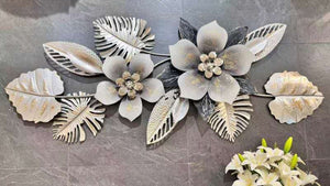 Large 60 Inch wide 3D Metal Flower Wall Art Sculpture with Silver & Gray Leaves, Textured Modern Botanical Decor for Living Room or Bedroom-Sona Casa