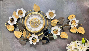 Large Elegant Wall Clock with Quartz Movement, Gold White Silver Floral Design, Modern Decorative Home Accent Clock-Sona Casa
