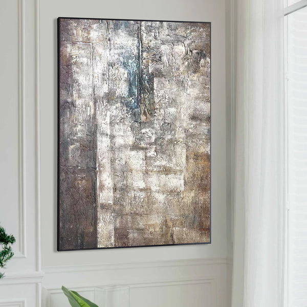 Impasto Painting, 47" Abstract Gray Framed Artwork, Home Office Wall Decor