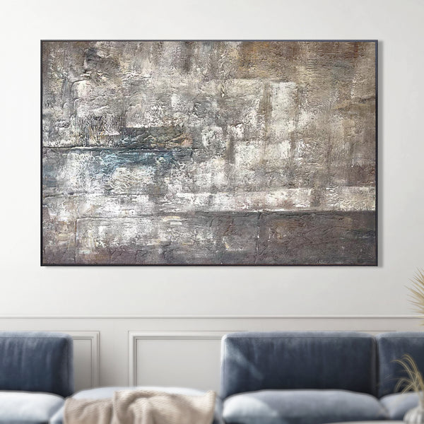 Impasto Painting, 47" Abstract Gray Framed Artwork, Home Office Wall Decor