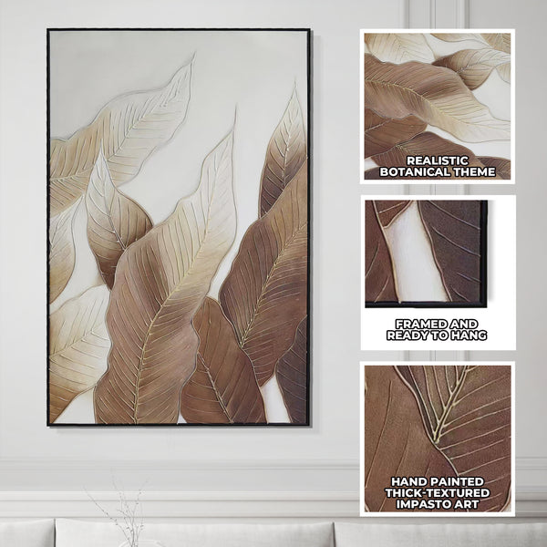 Botanical Wall Art, 47" Impasto Brown Textured Painting, Leaves Home Decor