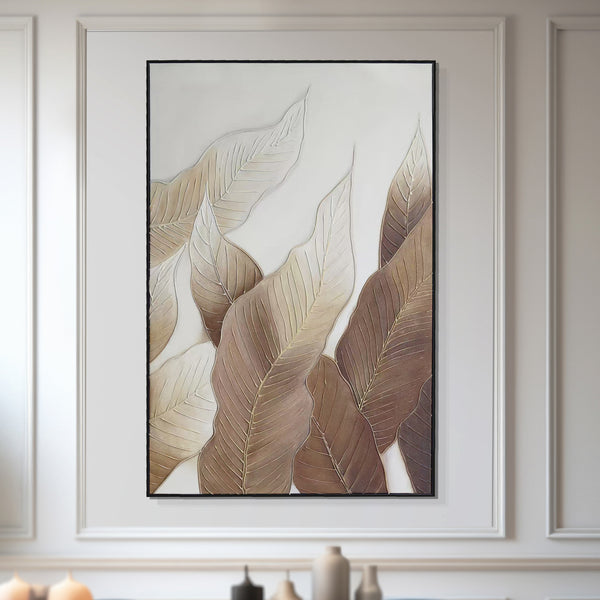 Botanical Wall Art, 47" Impasto Brown Textured Painting, Leaves Home Decor