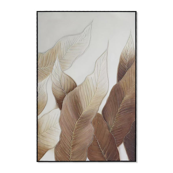 Botanical Wall Art, 47" Impasto Brown Textured Painting, Leaves Home Decor