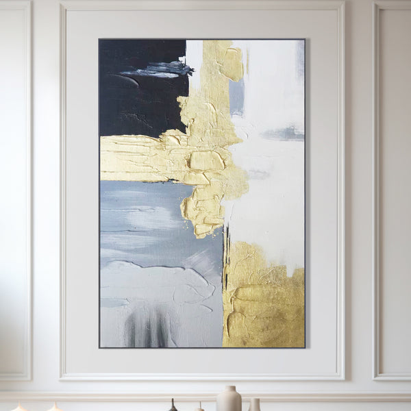 Golden Grey Wall Painting, 47" Abstract Textured Artwork, Living Room Decor