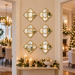 Golden Floral Wall Mirror Set, Traditional Modern Diwali Decor Gift, 25 cm Mirrors Pooja Room Decor-Sona Casa