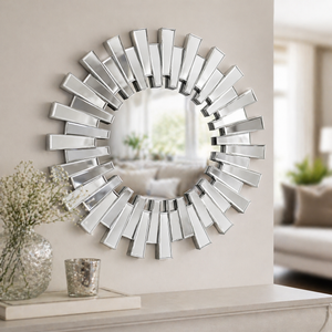Silver 66 cm Round Wall Mirror with Decorative Sunburst Frame, Modern Silver Finish, Elegant Home Accent by Sona Casa