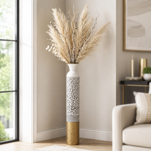 Tall White Silver Gold Metal Floor Vase with Metallic Finish for Modern Home Decor 14x14x106.7 cm - Accent Collection
