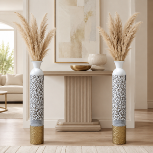 Set of 2 White Silver Metal Tall Floor Vases for Modern Home Decor 13.5x13.5x95.5 cm - Accent Collection