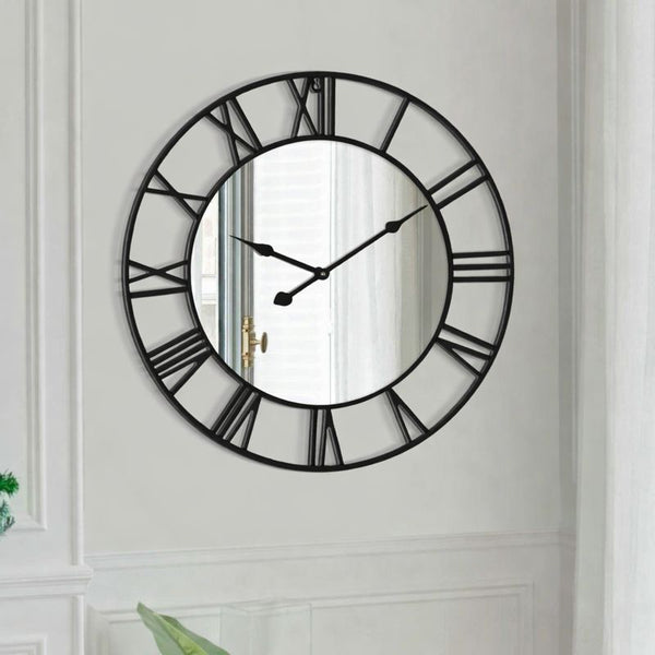 Large Black Wall Clock with Mirror, 24" Silent Roman Clock, Heavy Metal, Living Room Wall Decor-Sona Casa