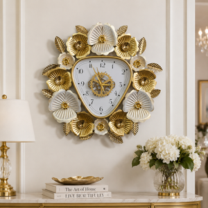 Gold and White Floral Designer Wall Clock, Large Modern Metal Art, Geometrical Triangle Clock for Home Living Room Decor-Sona Casa