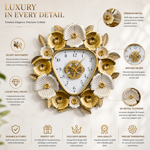 Gold and White Floral Designer Wall Clock, Large Modern Metal Art, Geometrical Triangle Clock for Home Living Room Decor-Sona Casa