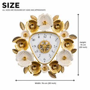 Gold and White Floral Designer Wall Clock, Large Modern Metal Art, Geometrical Triangle Clock for Home Living Room Decor-Sona Casa