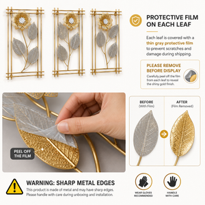 3 Piece Gold Flowers Metal Wall Decor Set, Elegant Floral Sculptures, 50cm Tall x 30cm Wide Panels Home Office Decor-Sona Casa