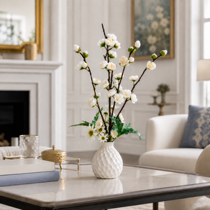 Elegant White Ceramic Pot with White Artificial Orchid Sticks, Minimalist Modern Home Decor, 14x50cm