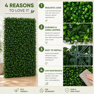 Green Boxwood Artificial Wall Panel 40x60 cm, Lush Faux Greenery Wall Decor for Indoor Outdoor Accent - Accent Collection