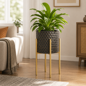 Large Brown Gold Metal Indoor Decorative Planter Pot, 58cm High x 31cm Wide, Modern Rustic Home Accent