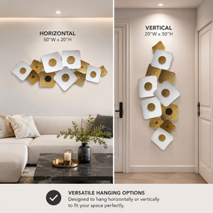 Large White and Gold Metal Wall Sculpture, Modern Geometric Horizontal Wall Art, 126×53 cm Home Office Decor-Sona Casa