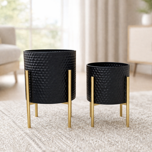 Set of 2 Modern Black and Gold Metal Planters with Geometric Design for Indoor Home Decor