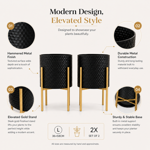 Set of 2 Large Black Metal Planters with Gold Legs, Modern Indoor Outdoor Decorative Pots by Sona Casa