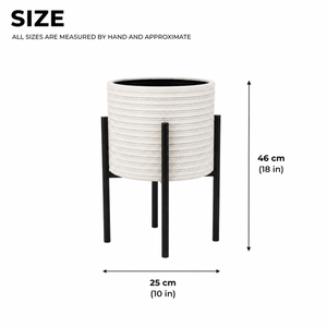 Modern White Metal Flower Pot with Black Base, Minimalist Plant Stand, 25cm Diameter x 46cm Height