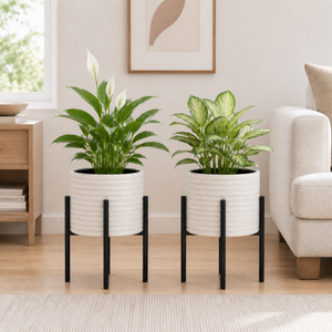 Set of 2 Black and White Modern Metal Planters Set for Indoor Outdoor Home Decor