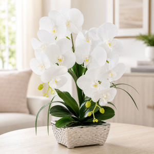 Silver Ceramic Vase with Artificial White Orchids, Modern Metallic Finish Decorative Flower Vase 19x40cm