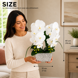 Silver Ceramic Vase with Artificial White Orchids, Modern Metallic Finish Decorative Flower Vase 19x40cm