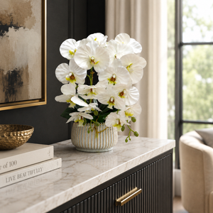 Elegant White Ceramic Artificial Orchid Pot Planter for Indoor Home Decor, 19x42cm