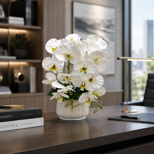 Elegant White Ceramic Artificial Orchid Pot Planter for Indoor Home Decor, 19x42cm