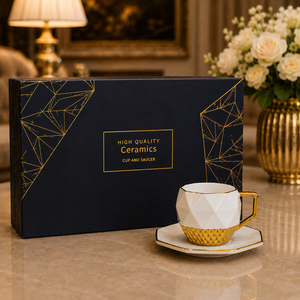Octagonal White and Gold Coffee Cup and Saucer Set 6+6 Pieces Elegant Geometric Tableware Gift Set by Sona Casa