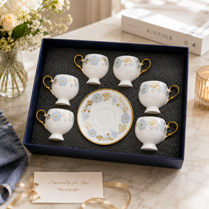 White and Blue Porcelain Coffee Cup and Saucer Set, 6 Cups and 6 Saucers, Elegant Classic Home Dining Gift Set by Sona Casa