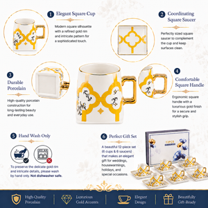 Square Base White and Yellow Coffee Cup and Saucer Set, 6-Pair Premium Ceramic Tea Drinkware Gift Collection by Sona Casa