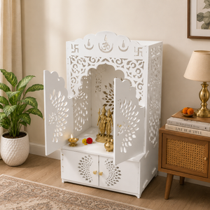 White Indian Pooja Mandir Temple with Classic Design, White Finish, 38" x 18" x 22.5" for Home Prayer Room by Sona Casa