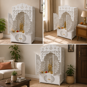 White Indian Pooja Mandir Temple with Classic Design, White Finish, 38" x 18" x 22.5" for Home Prayer Room by Sona Casa